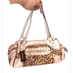 Y2k 2000s GUESS Leopard Print Shoulder Bag - Cream and Brown